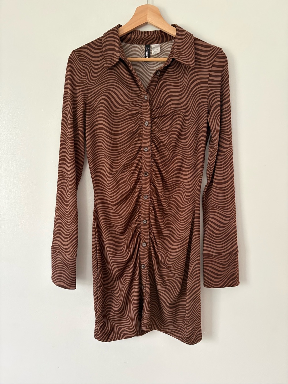H&M Brown Wavy Stripe Button-Front Shirt Dress